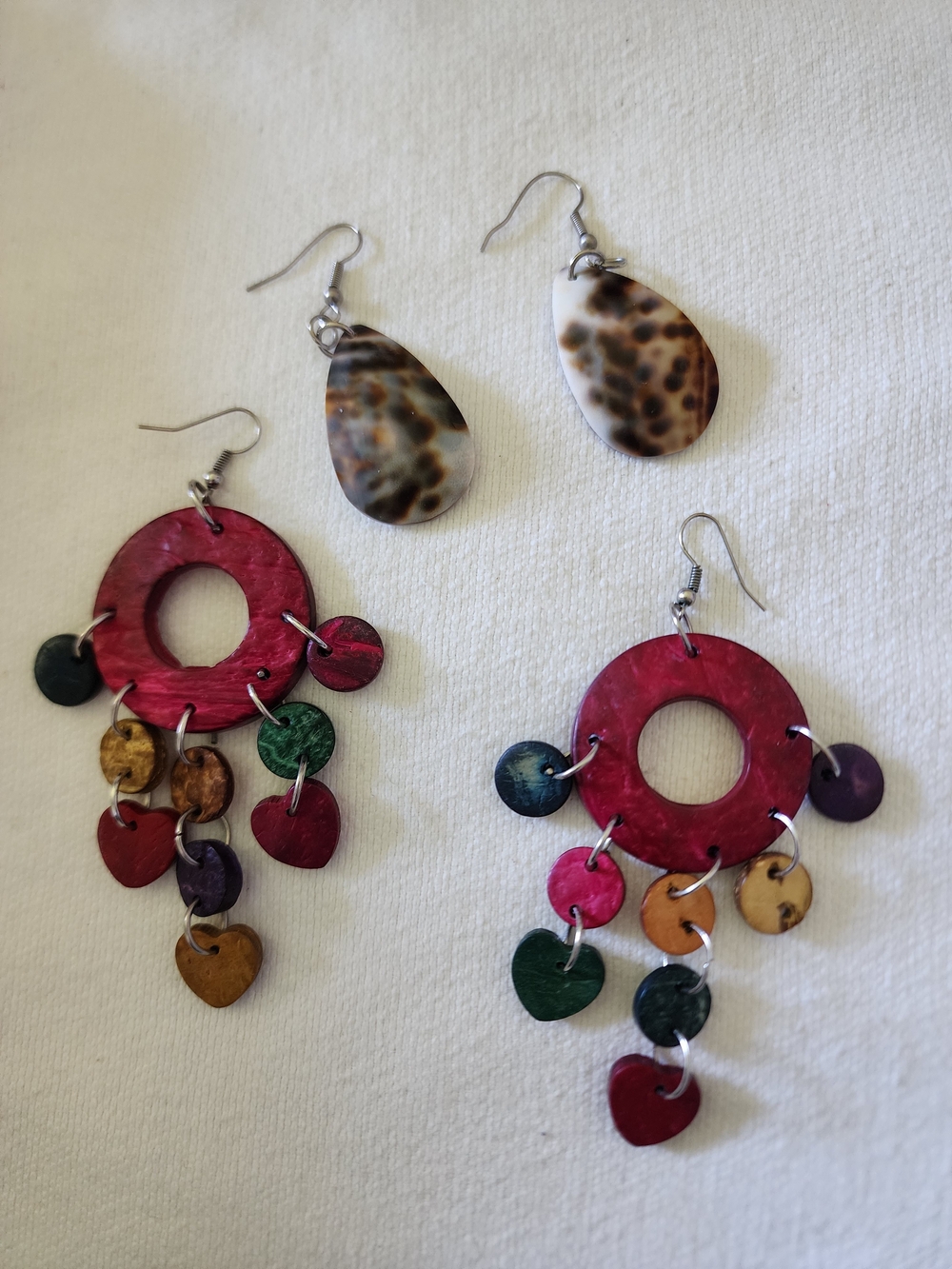 Lot Of 2 - Colorful Red Hoop Multi-Color Wood And Tortoise Earrings